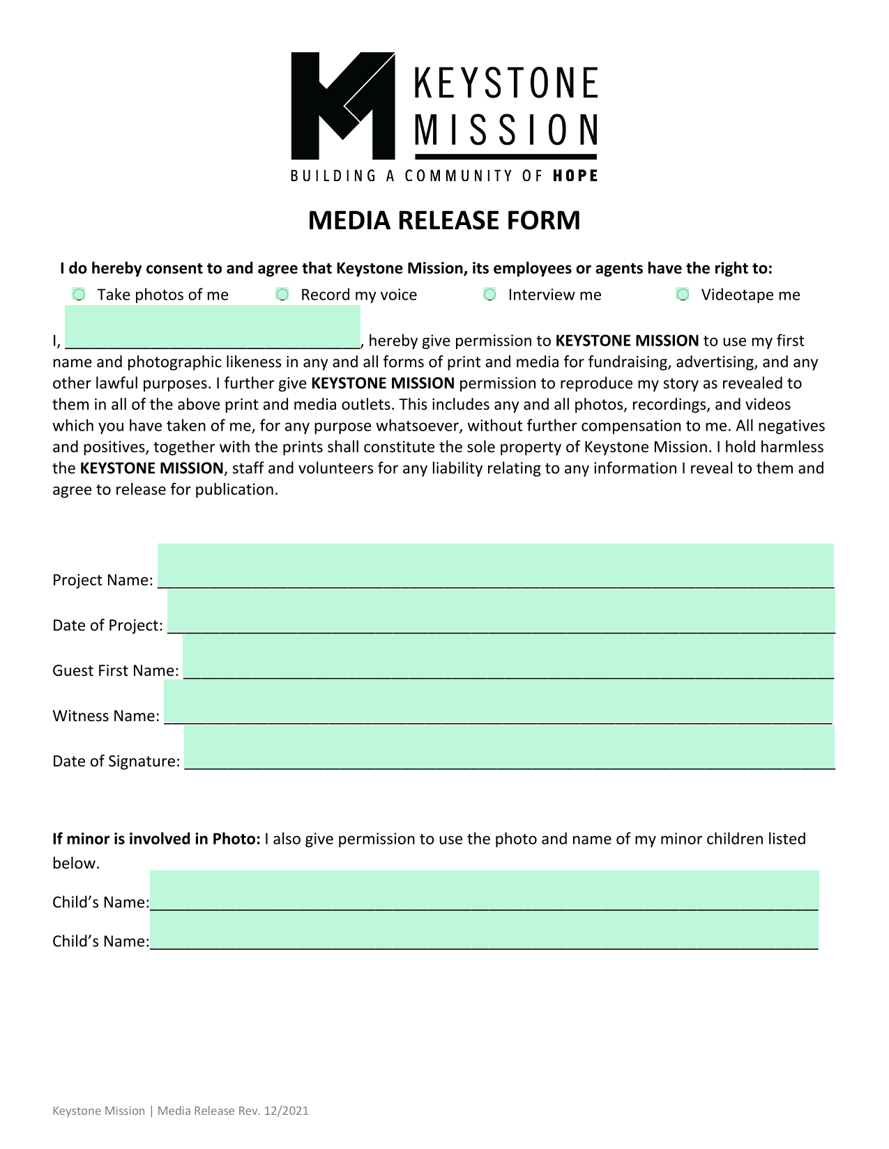 Media Release Form screenshot