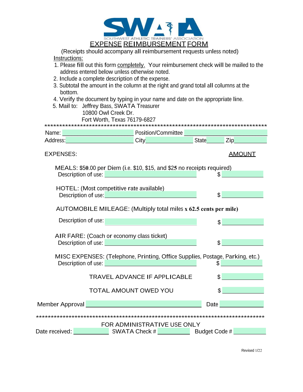 EXPENSE REIMBURSEMENT FORM screenshot