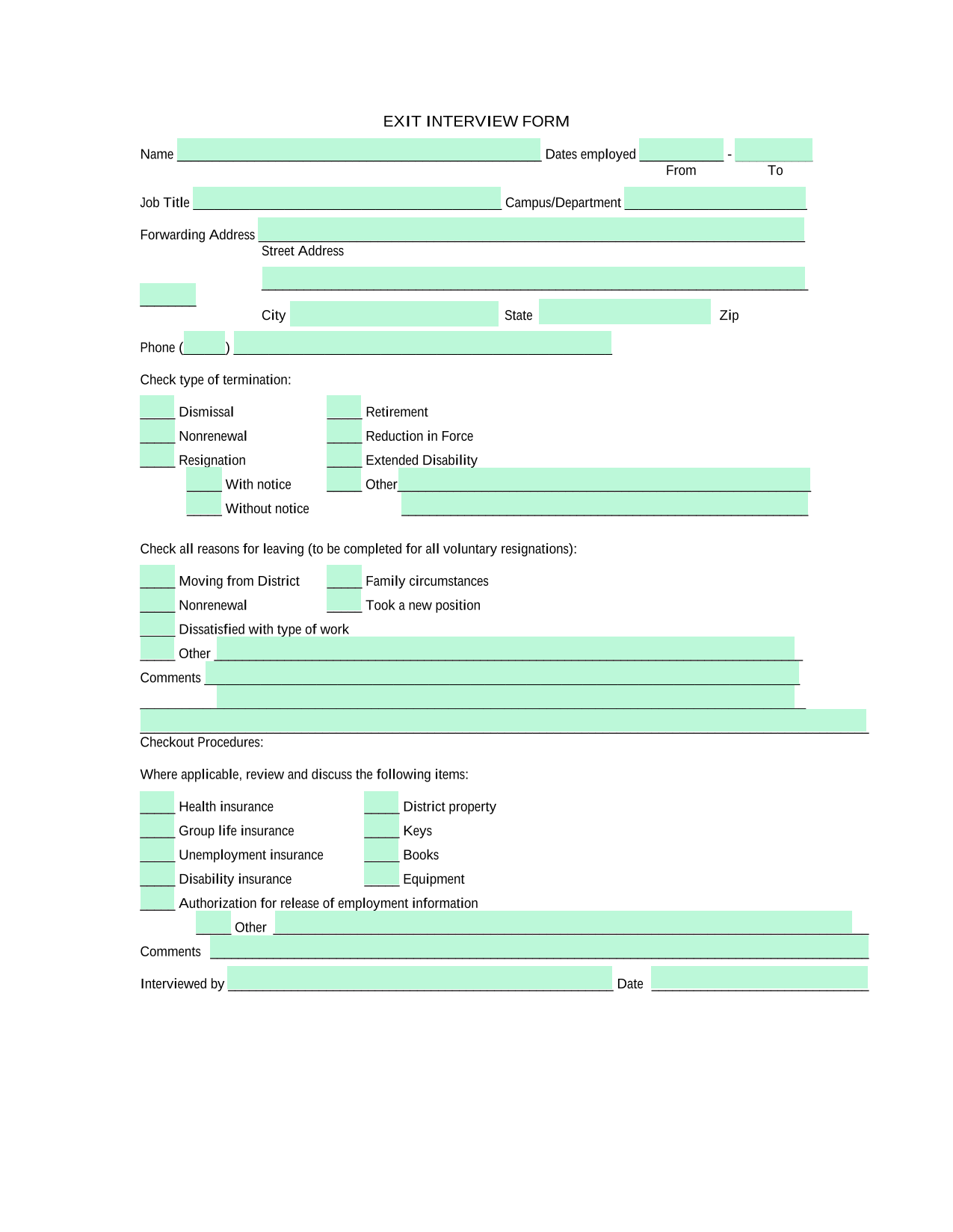 EXIT INTERVIEW FORM screenshot