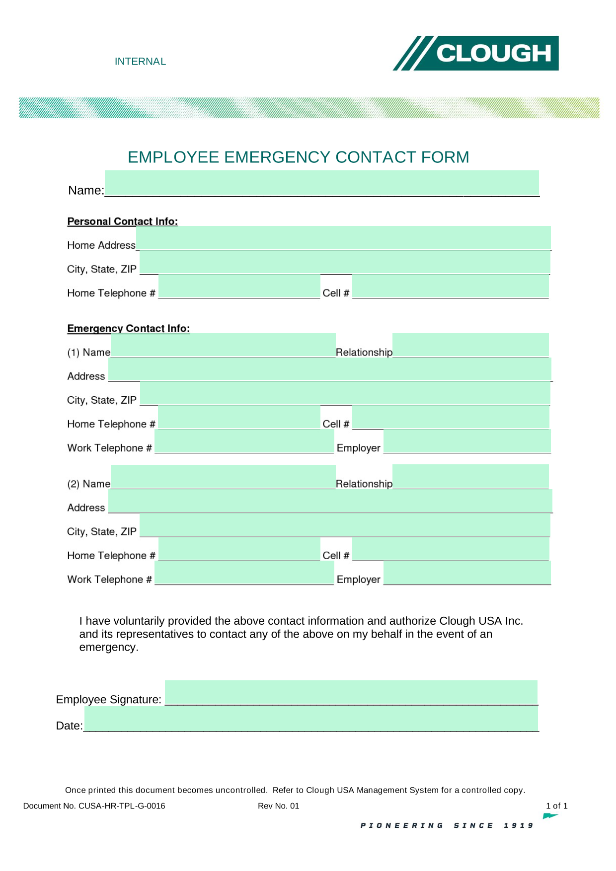 EMPLOYEE EMERGENCY CONTACT FORM screenshot