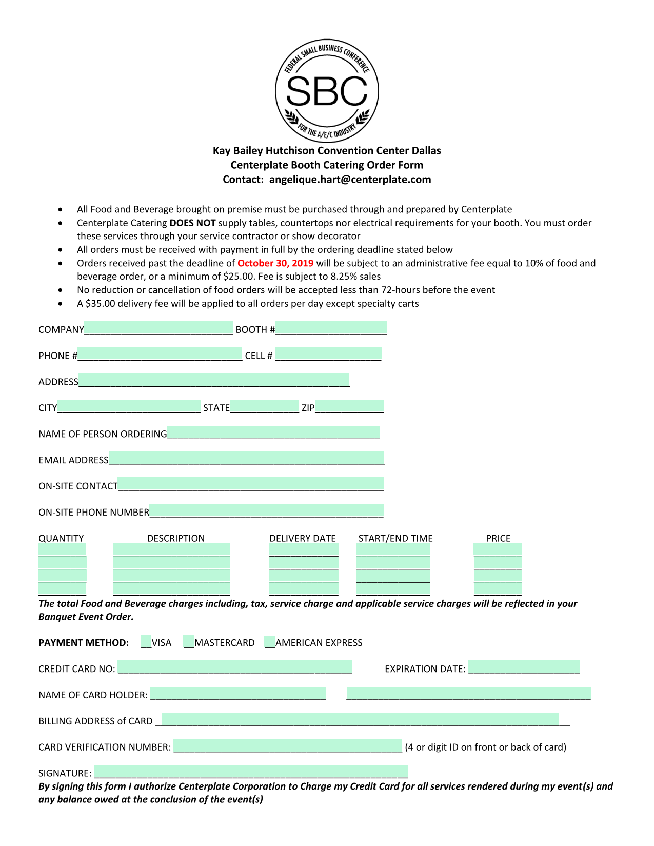 Centerplate Booth Catering Order Form screenshot