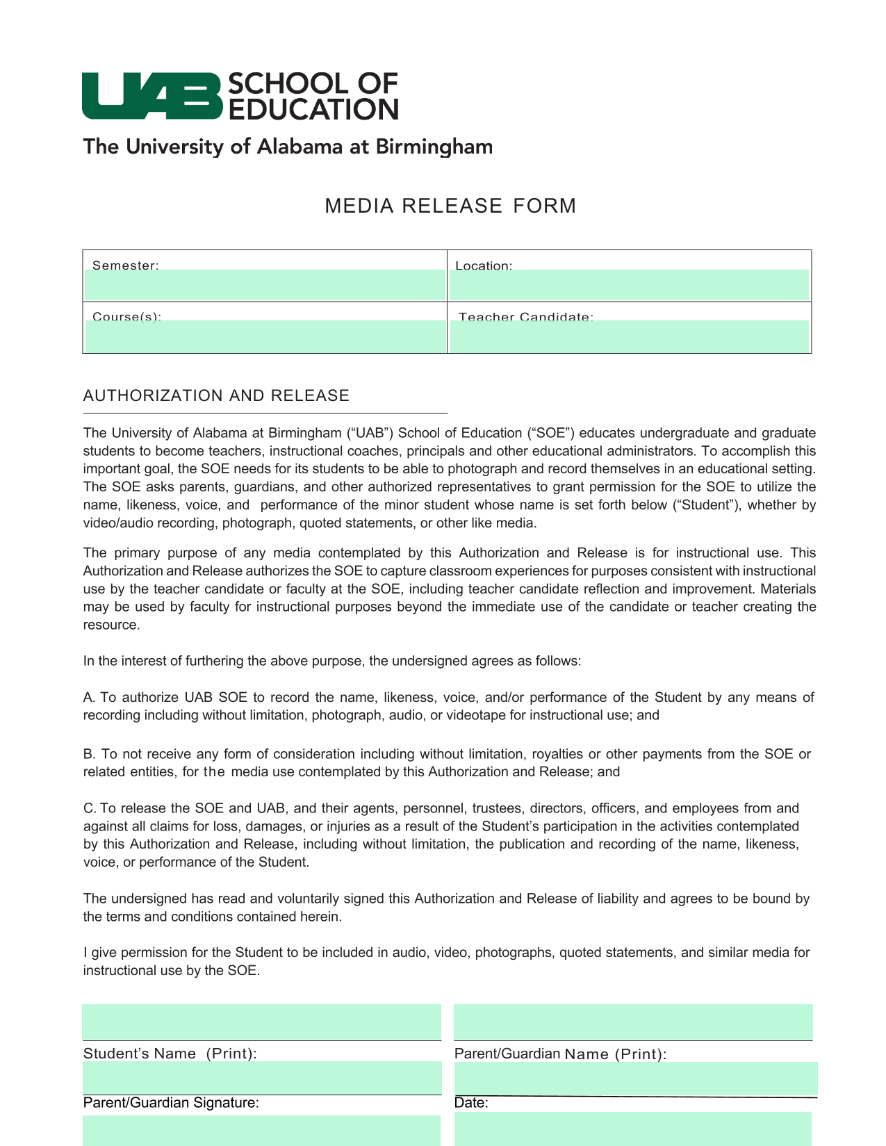 Media Release Form screenshot