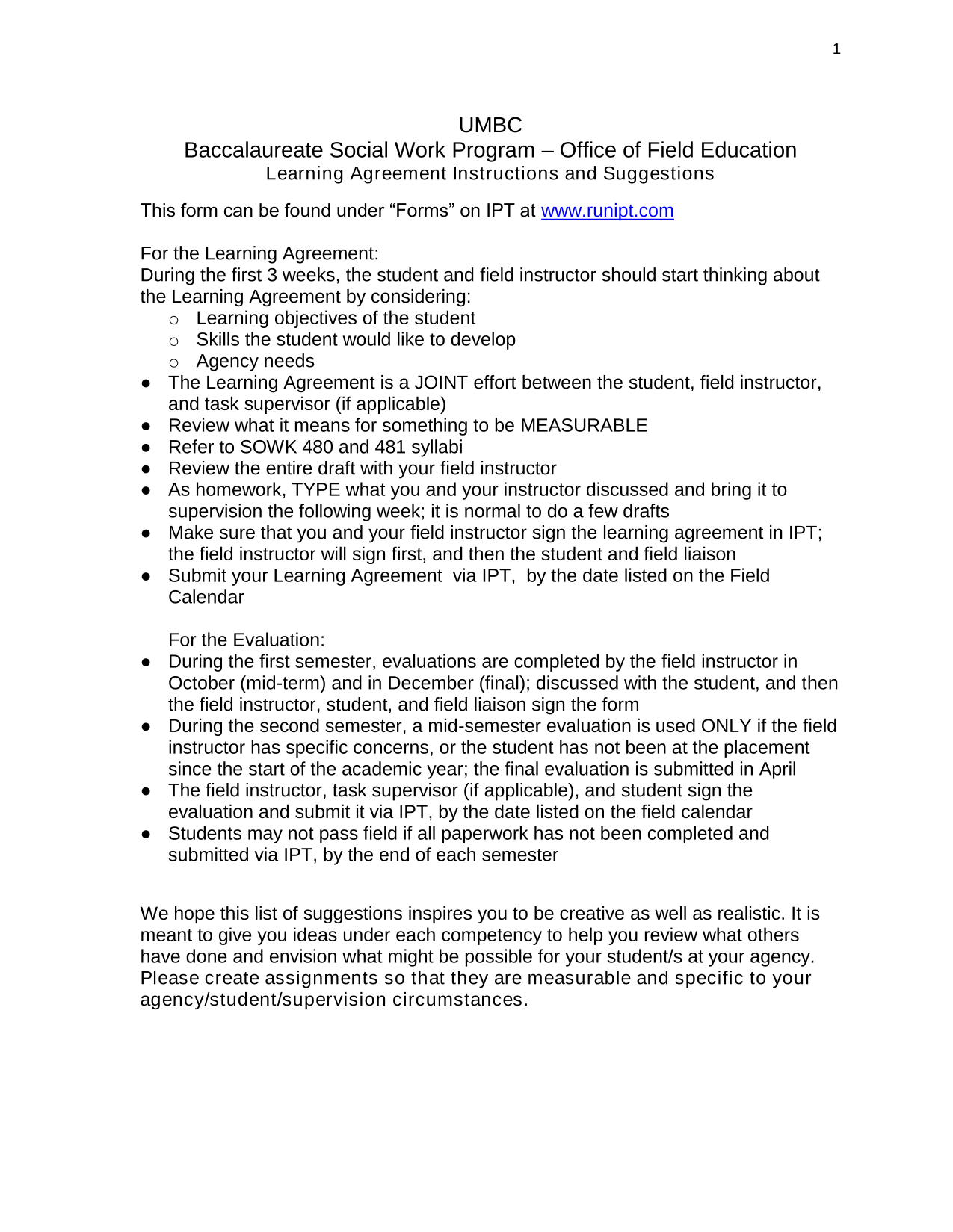 UMBC Baccalaureate Social Work Program  Learning Agreement Instructions And Suggestions screenshot