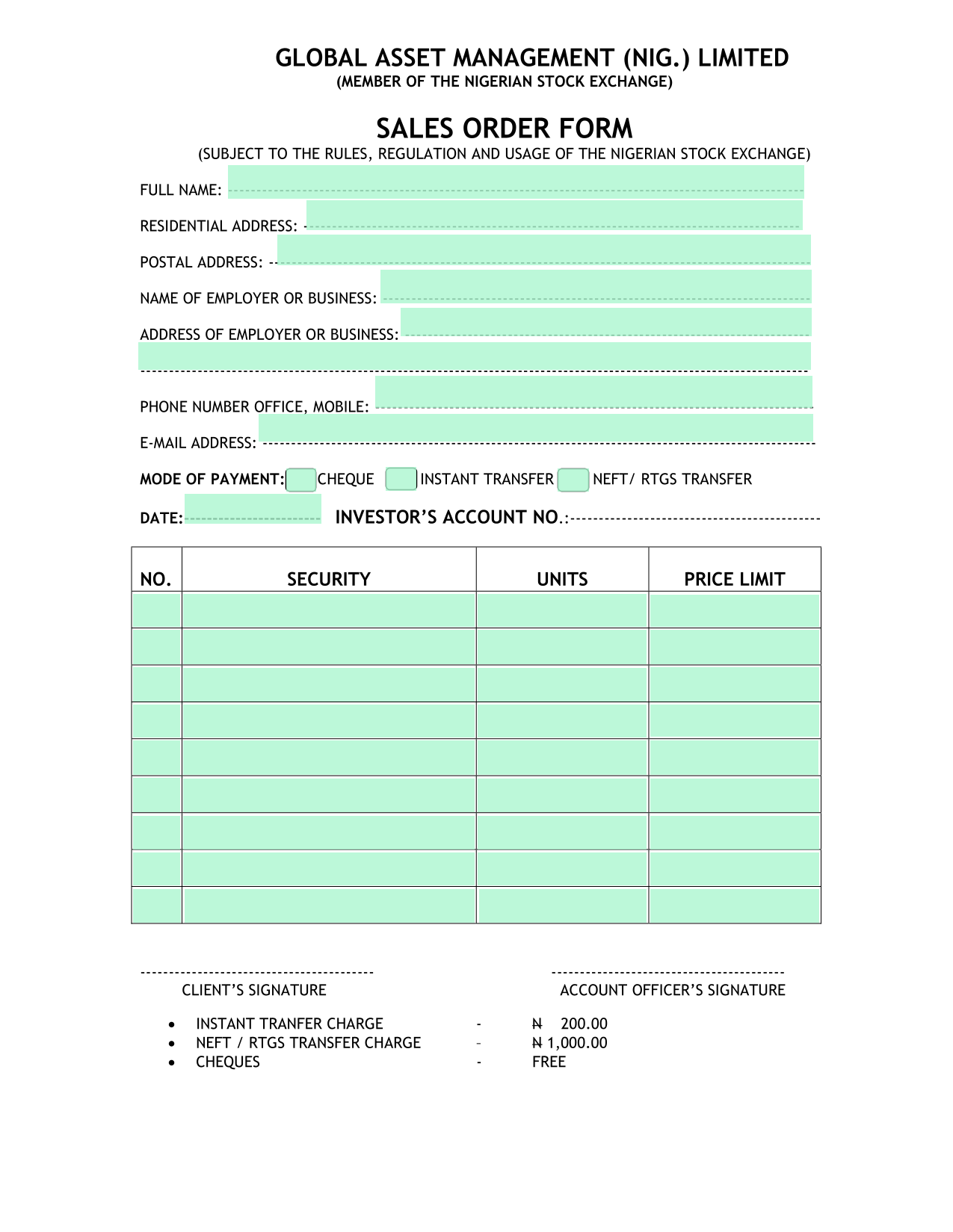 Sales Order Form screenshot