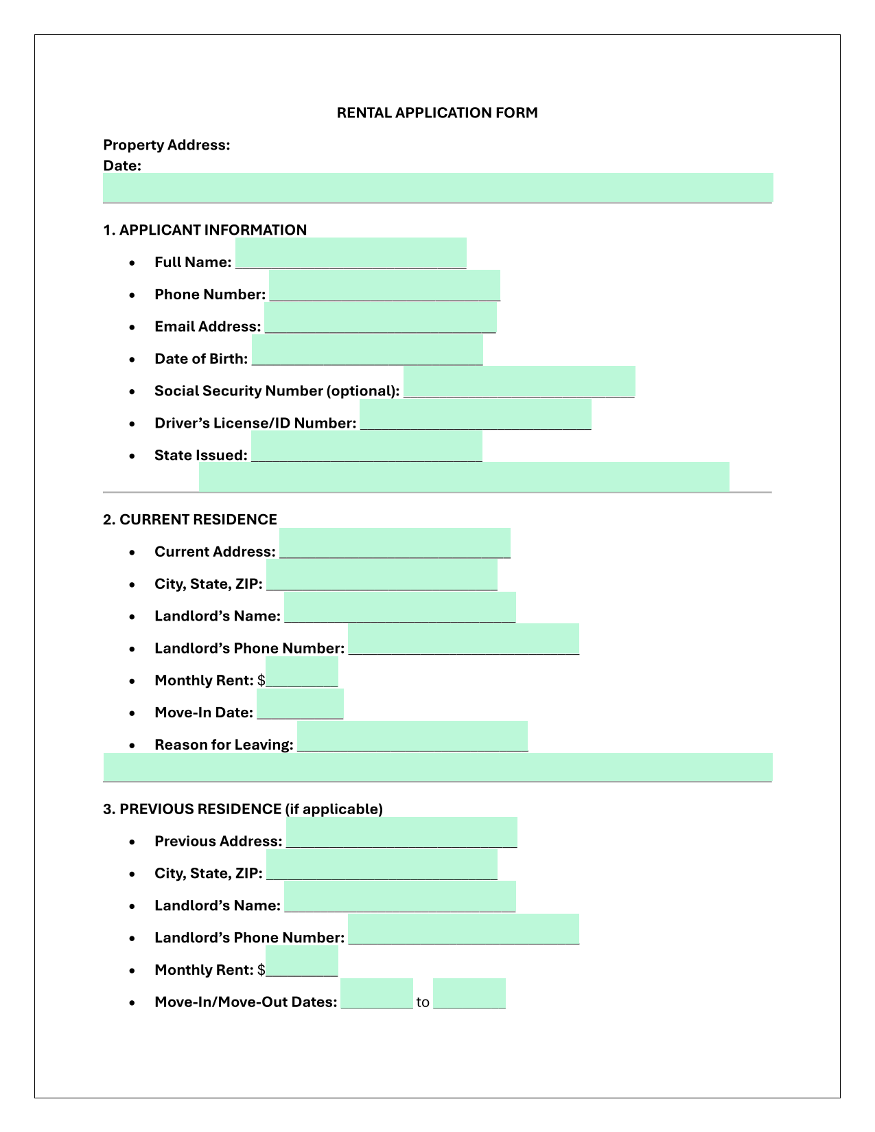 Rental Application Form screenshot