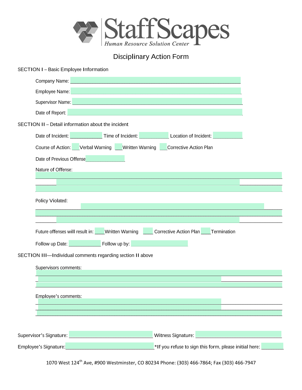 Disciplinary Action Form screenshot