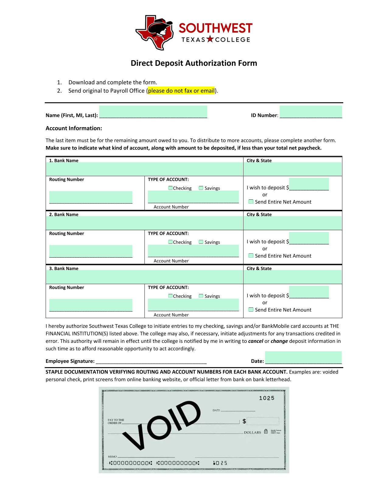 Direct Deposit Authorization Form screenshot