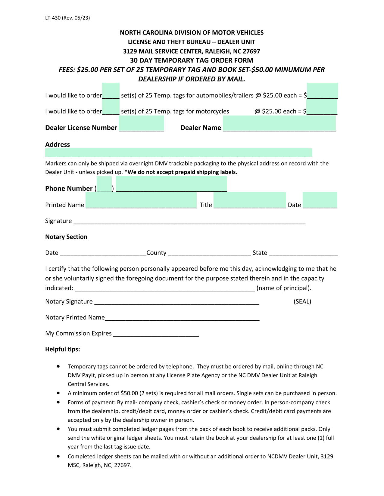 LT 430 (Rev. 0523) 30 Day Temporary Tag Order Form screenshot