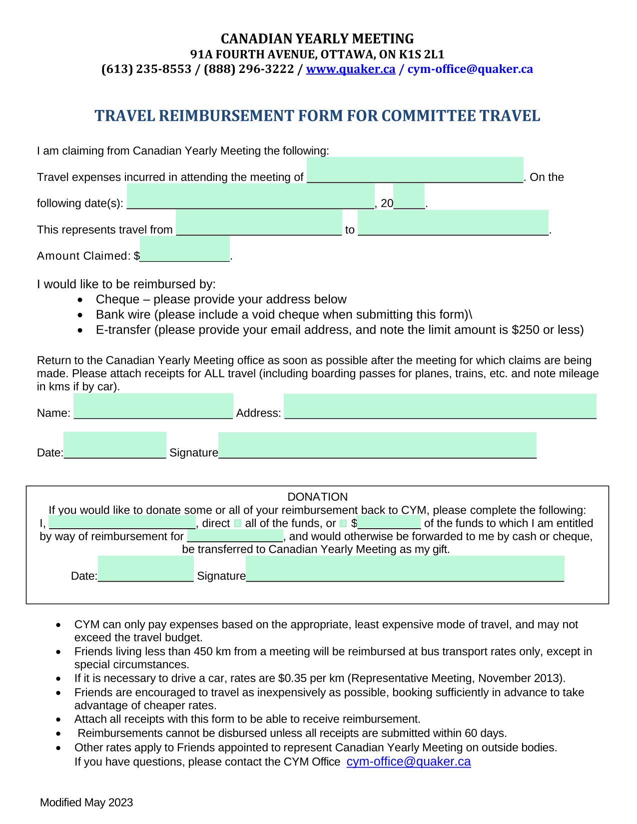Travel Reimbursement Form For Committee Travel screenshot