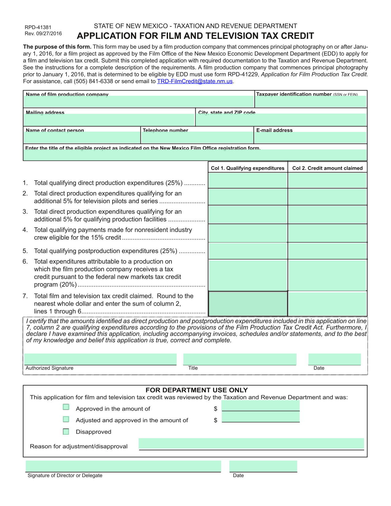 Application For Film And Television Tax Credit screenshot