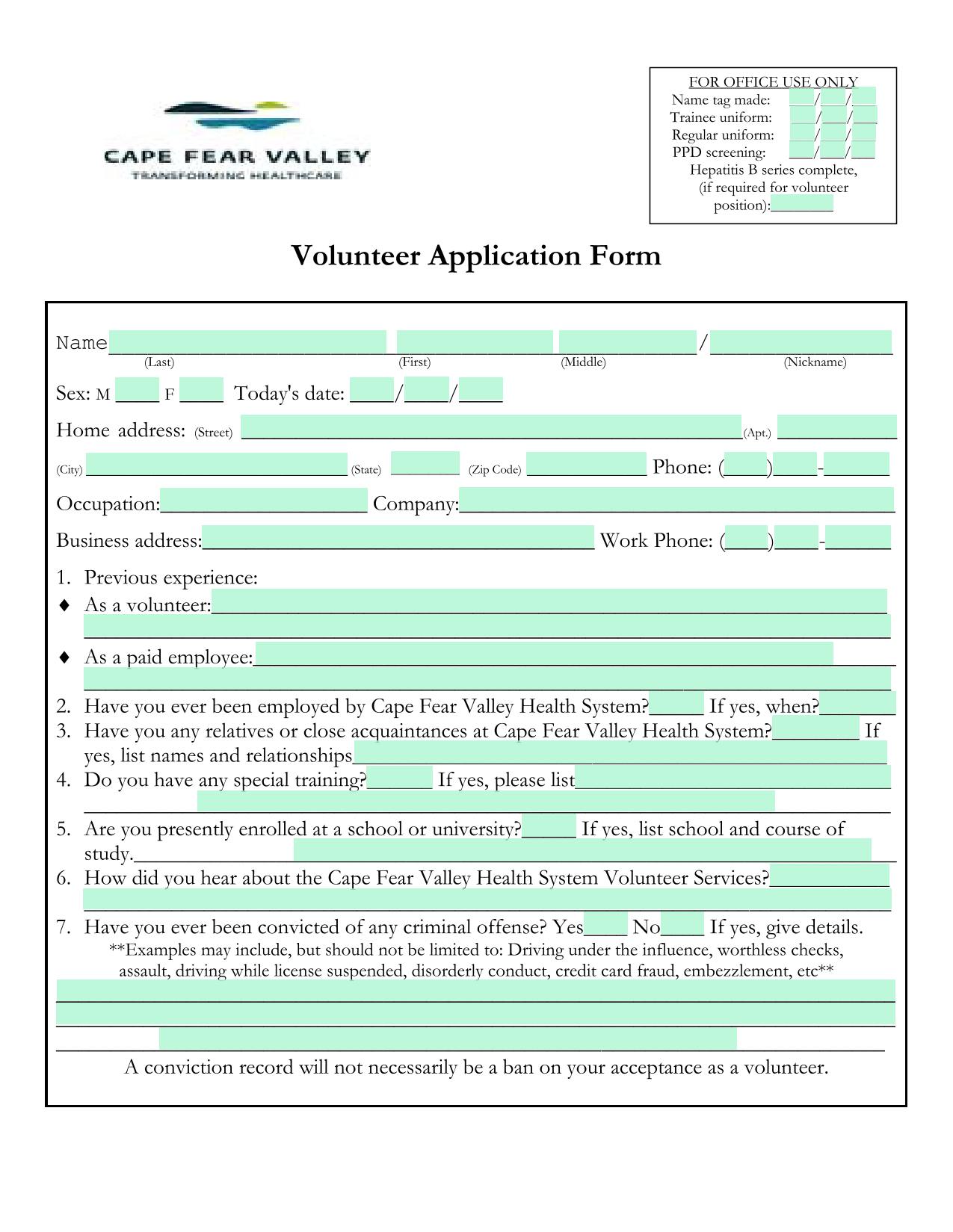 Volunteer Application Form screenshot