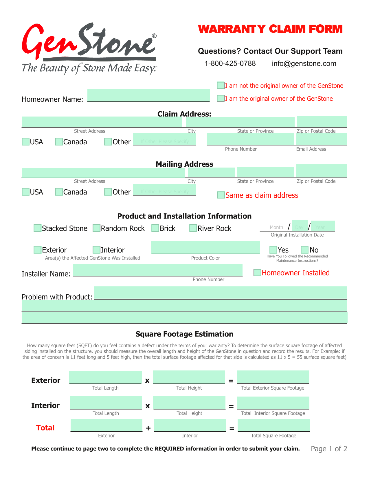 WARRANTY CLAIM FORM screenshot
