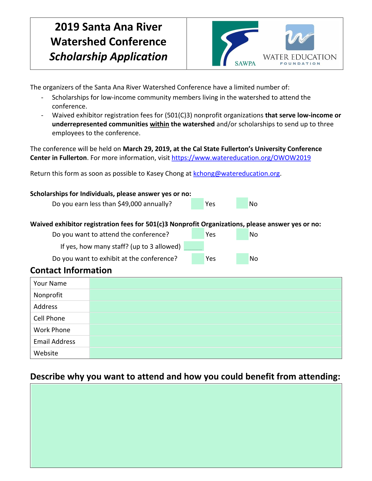 2019 Santa Ana River Watershed Conference Scholarship Application screenshot