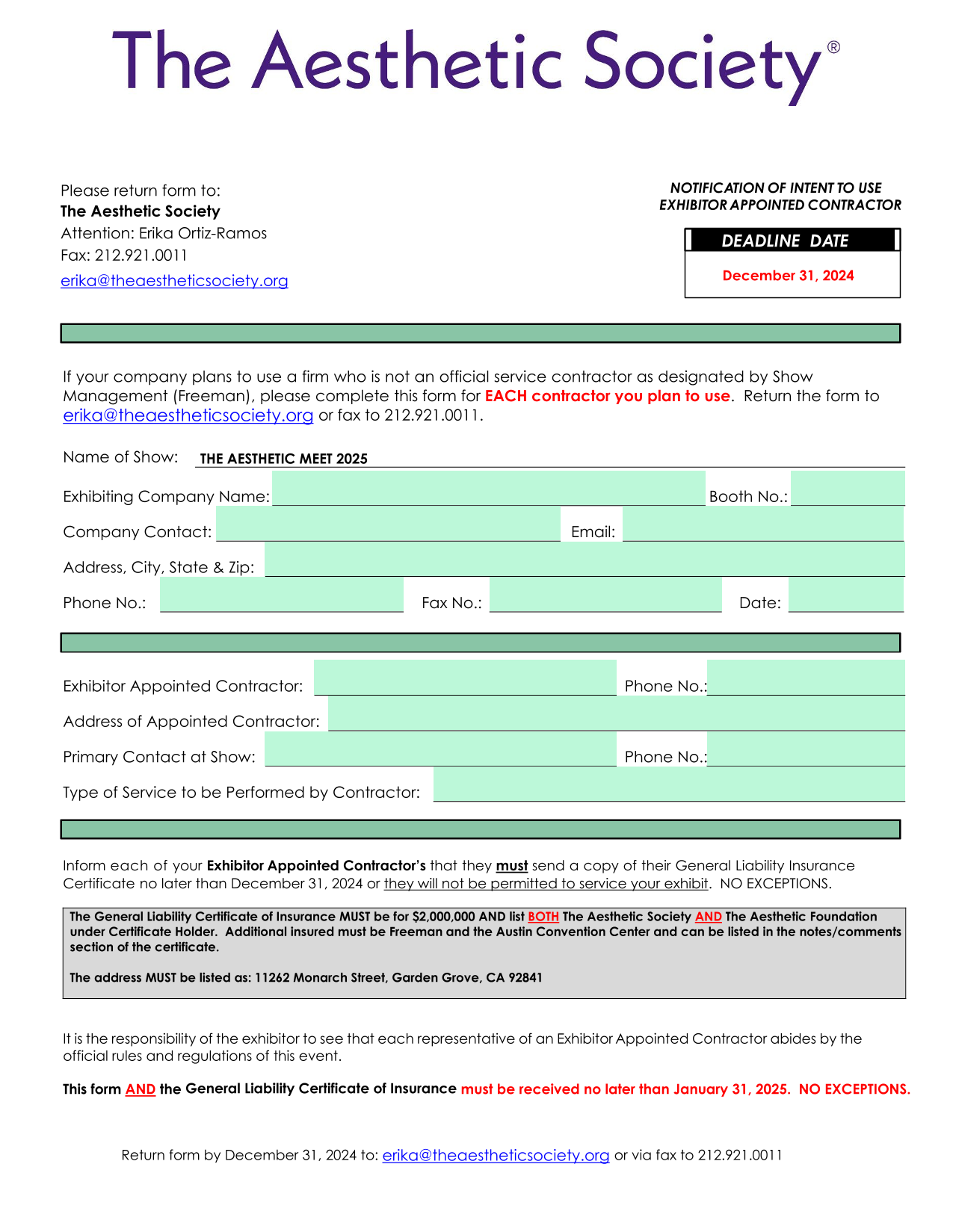 Notification Of Intent To Use Exhibitor Appointed Contractor screenshot