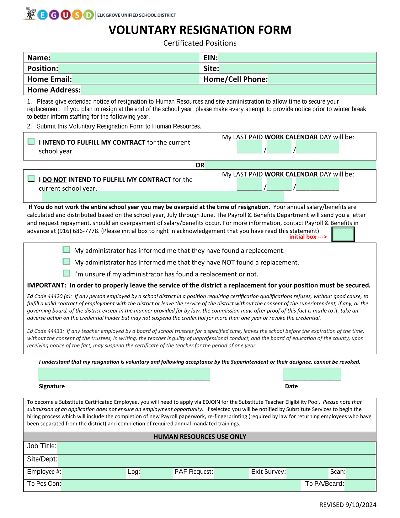 VOLUNTARY RESIGNATION FORM screenshot