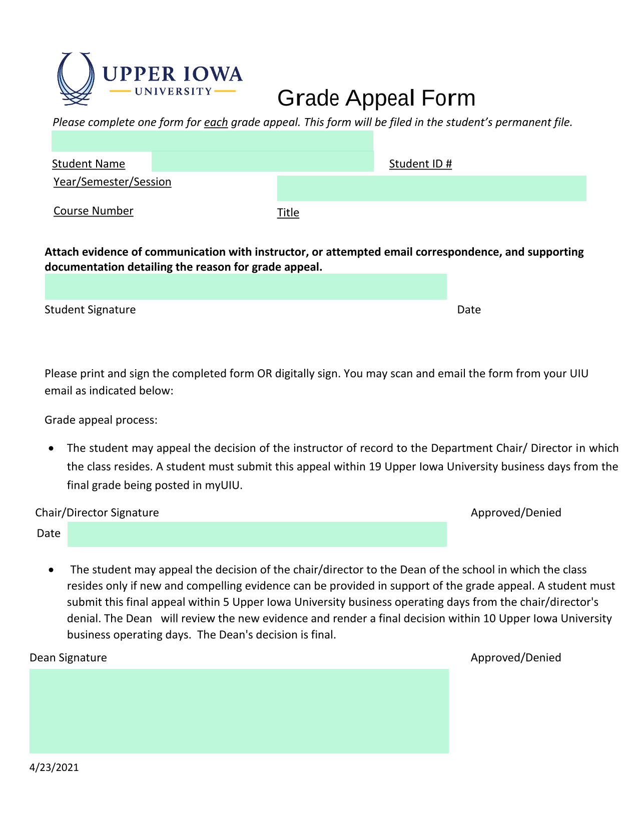 Grade Appeal Form screenshot