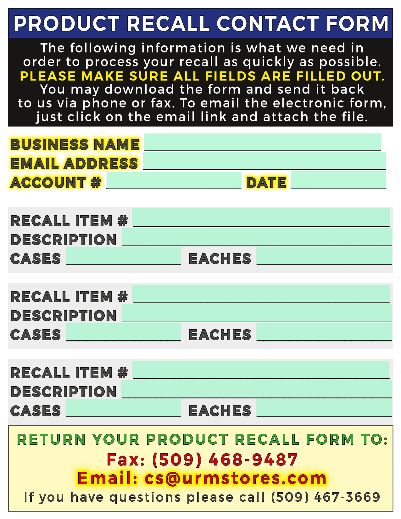 Product Recall Contact Form screenshot