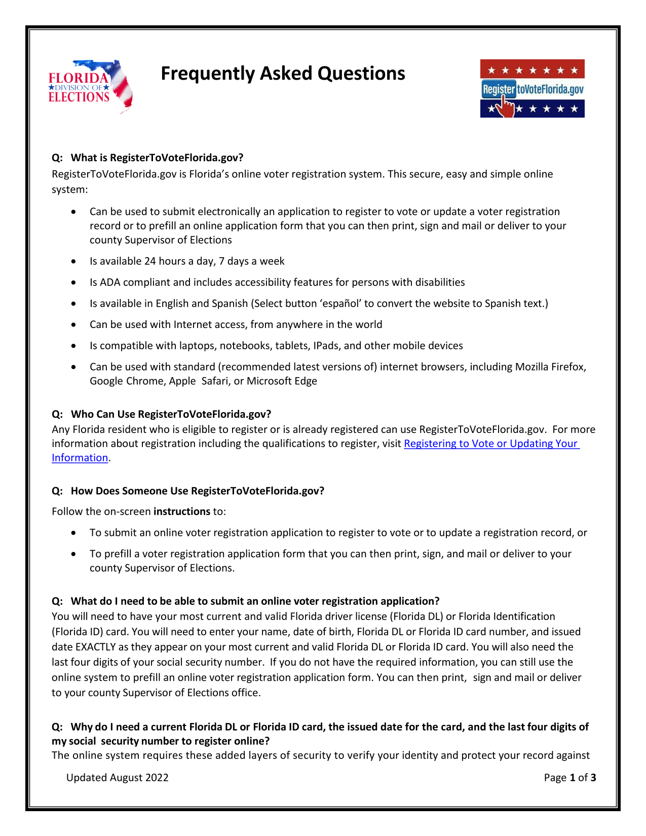 RegisterToVoteFlorida.Gov Frequently Asked Questions screenshot
