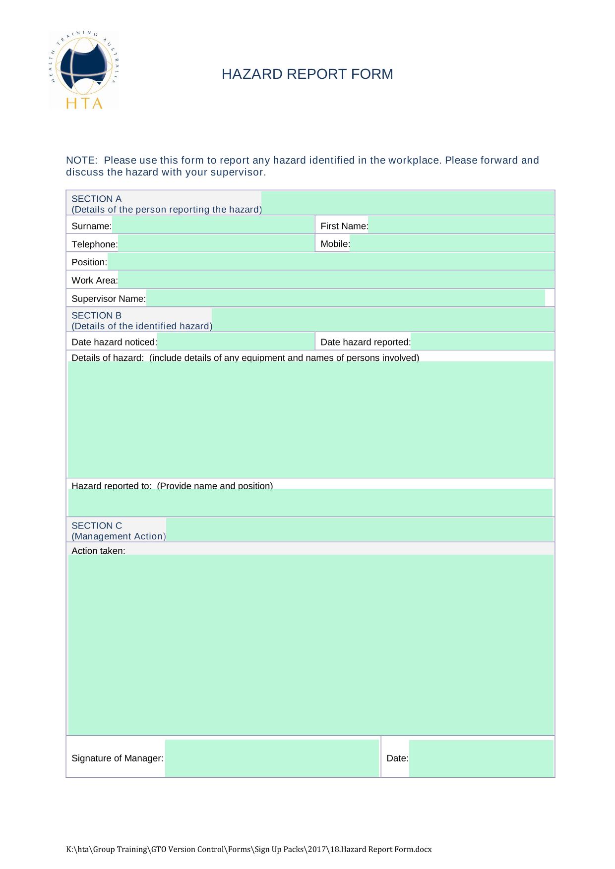 Hazard Report Form screenshot