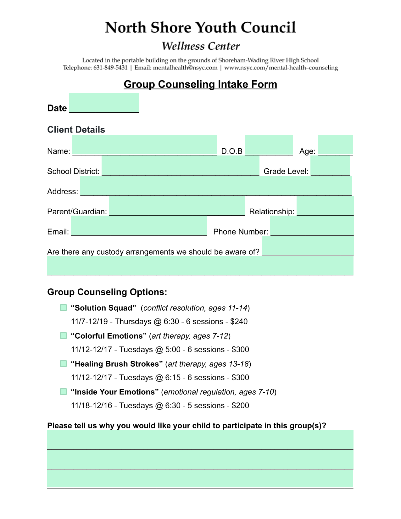 Group Counseling Intake Form screenshot