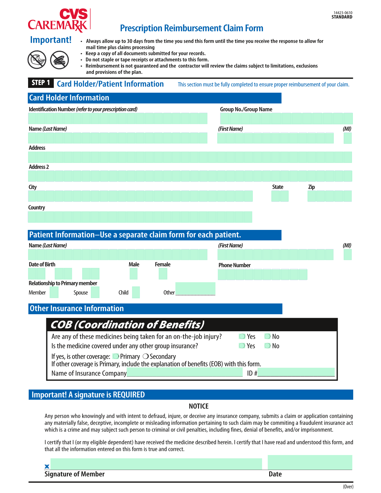 Prescription Reimbursement Claim Form screenshot