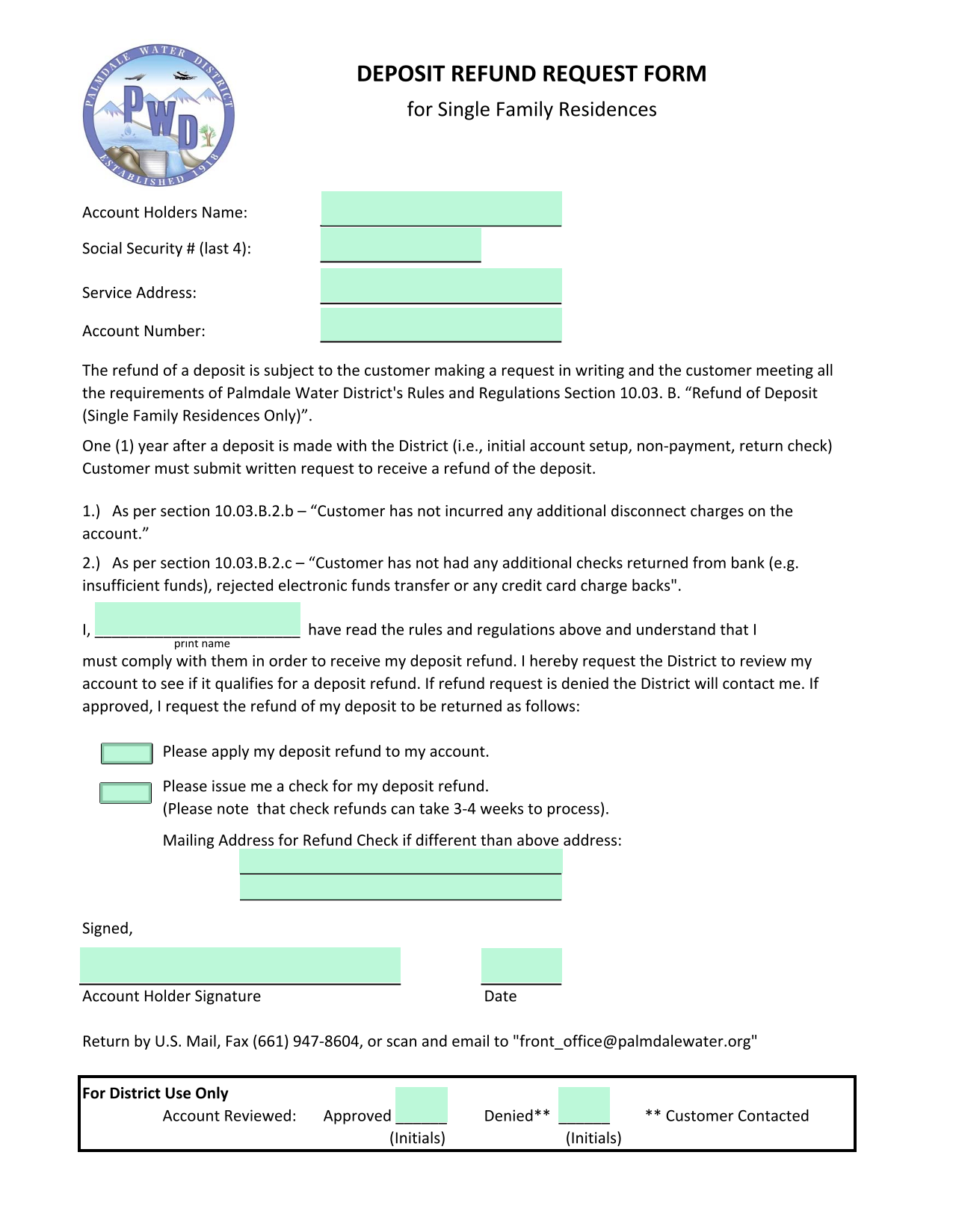 DEPOSIT REFUND REQUEST FORM For Single Family Residences screenshot