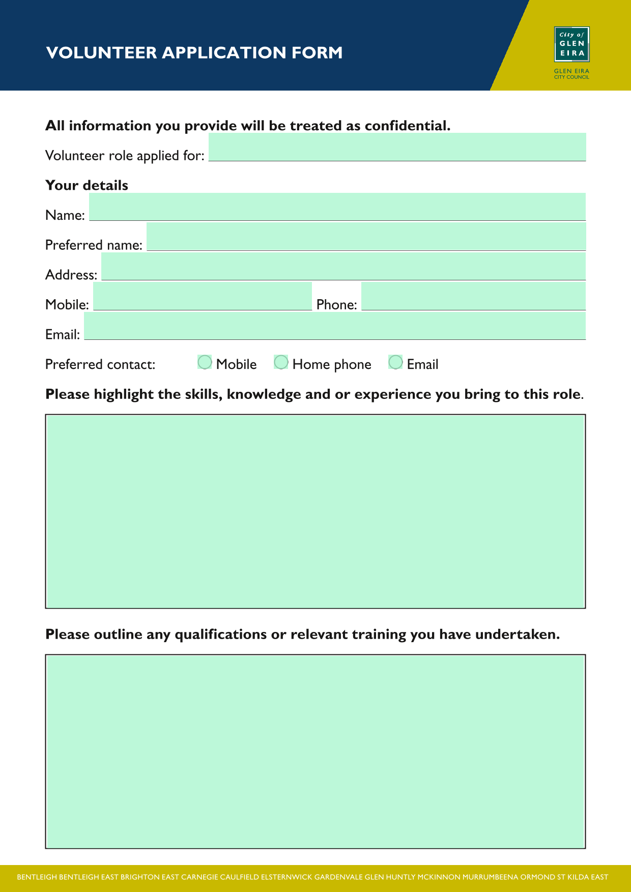 VOLUNTEER APPLICATION FORM screenshot