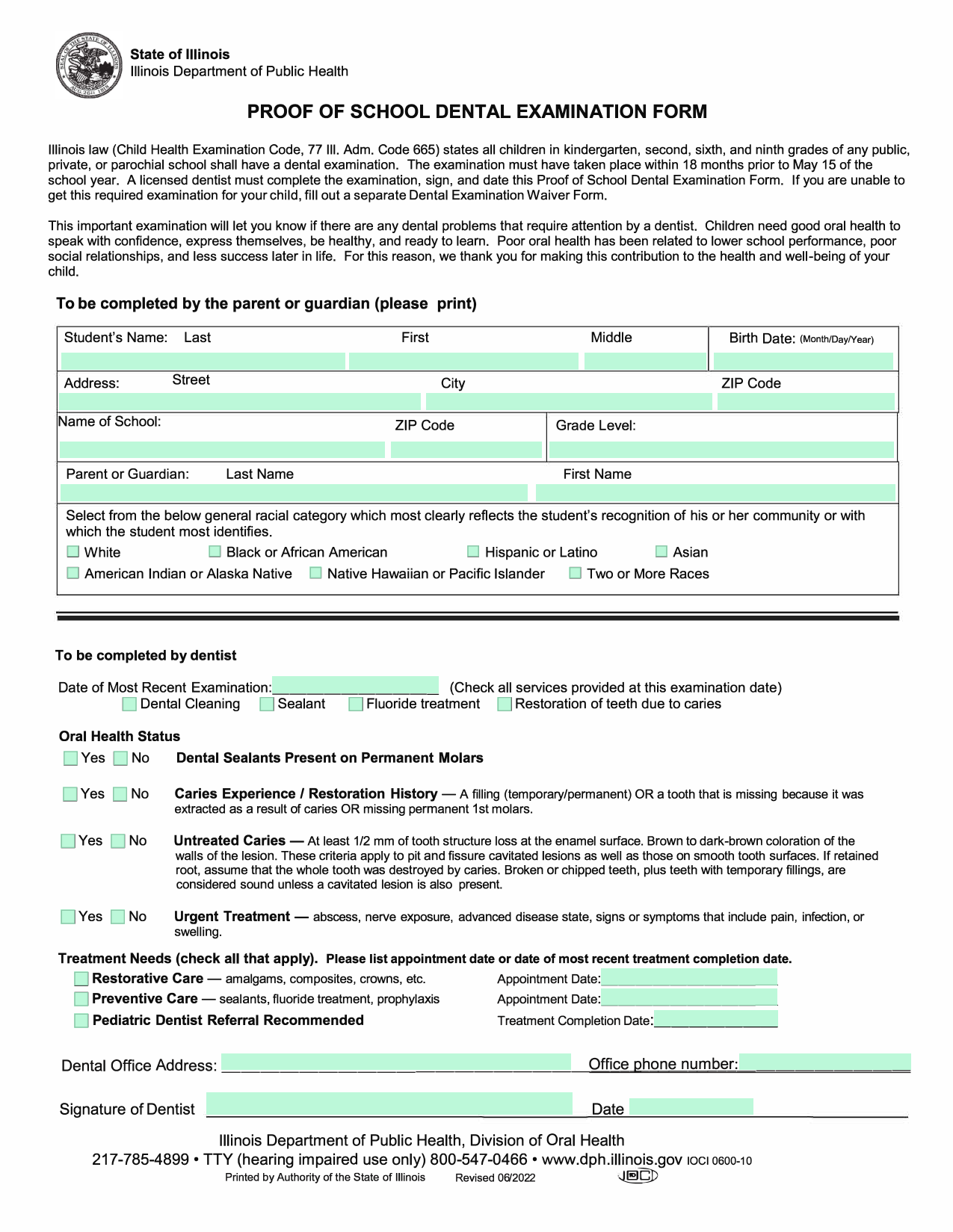 Proof Of School Dental Examination Form screenshot