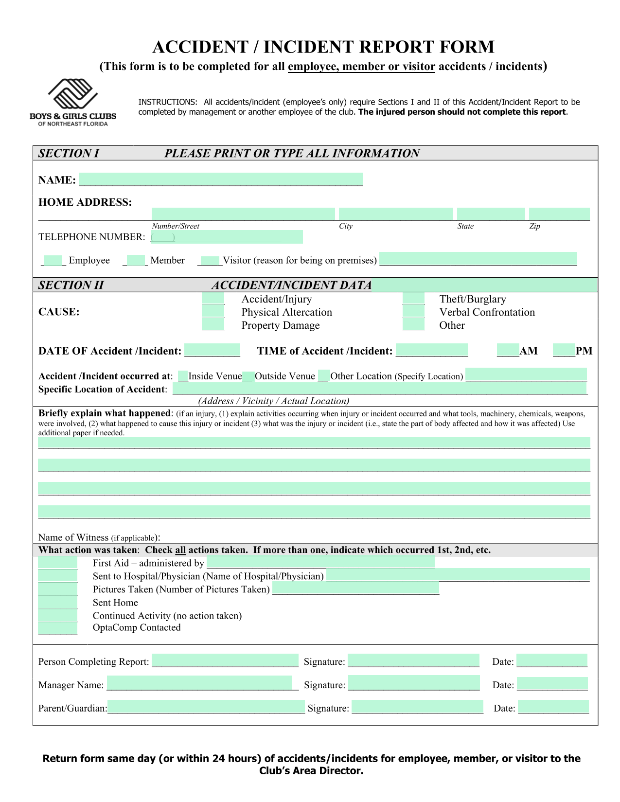 ACCIDENT  INCIDENT REPORT FORM screenshot
