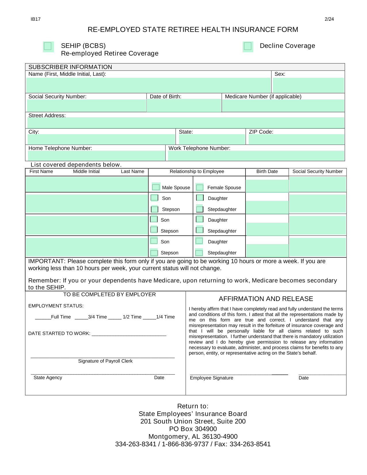RE EMPLOYED STATE RETIREE HEALTH INSURANCE FORM screenshot