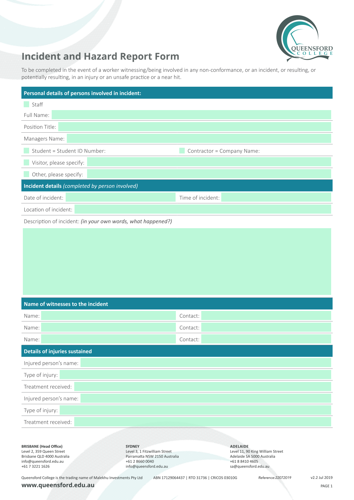 Incident And Hazard Report Form screenshot