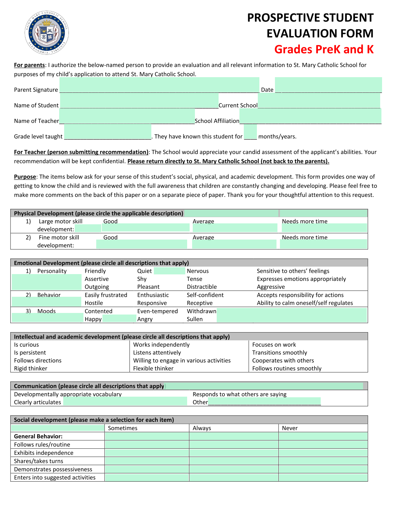PROSPECTIVE STUDENT EVALUATION FORM screenshot