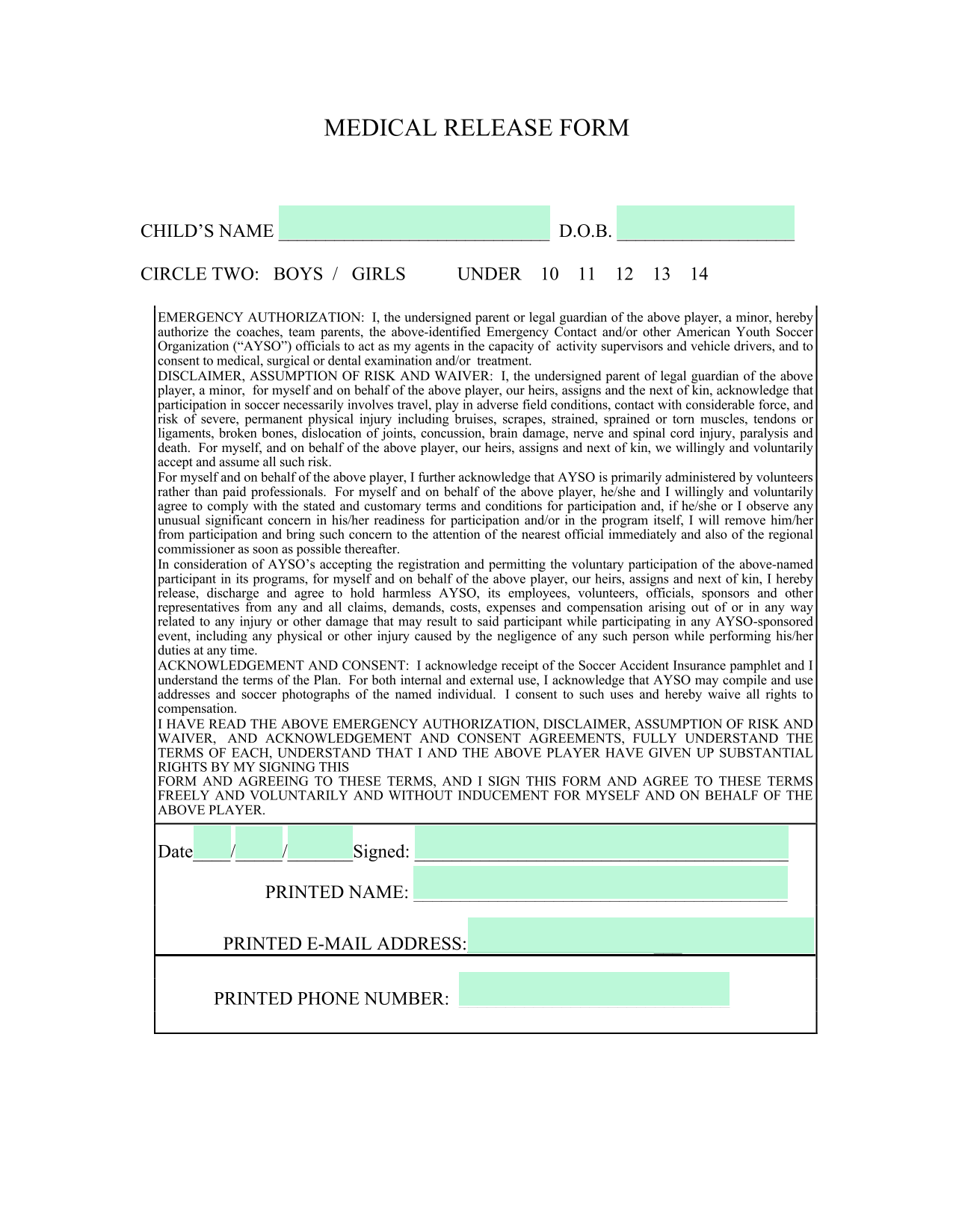 MEDICAL RELEASE FORM screenshot