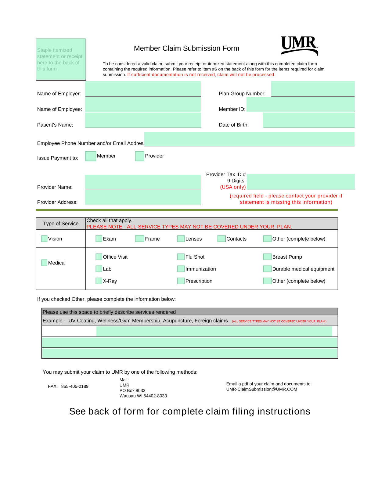 Member Claim Submission Form screenshot