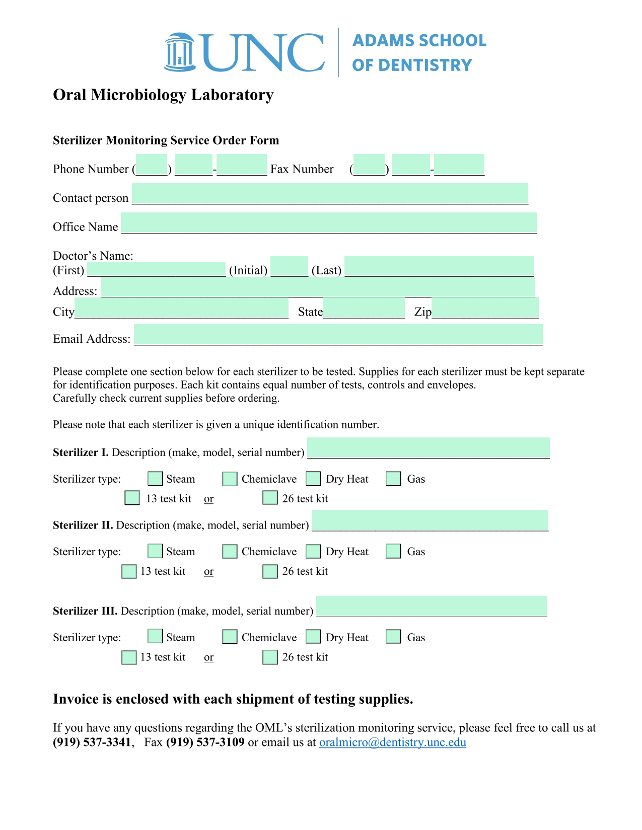 Sterilizer Monitoring Service Order Form screenshot