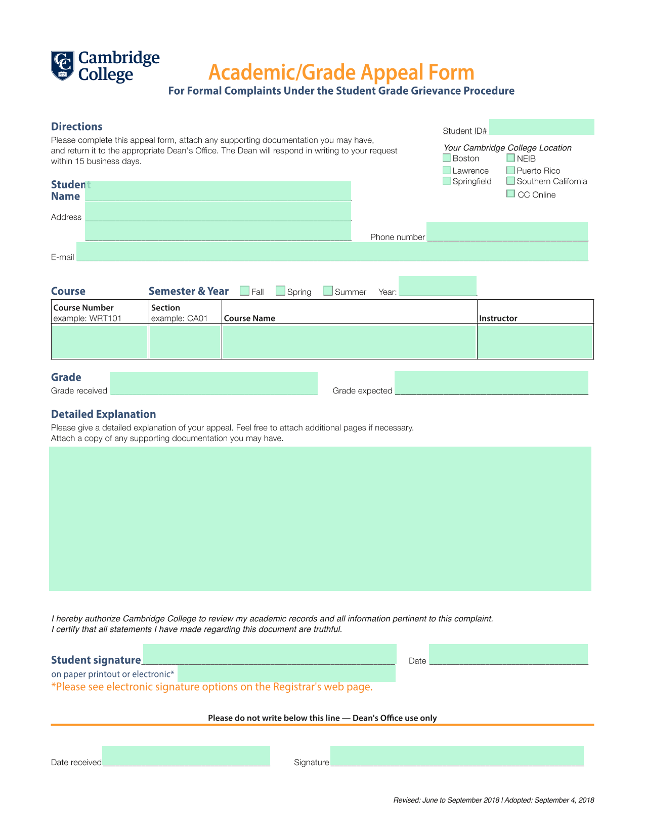 AcademicGrade Appeal Form screenshot