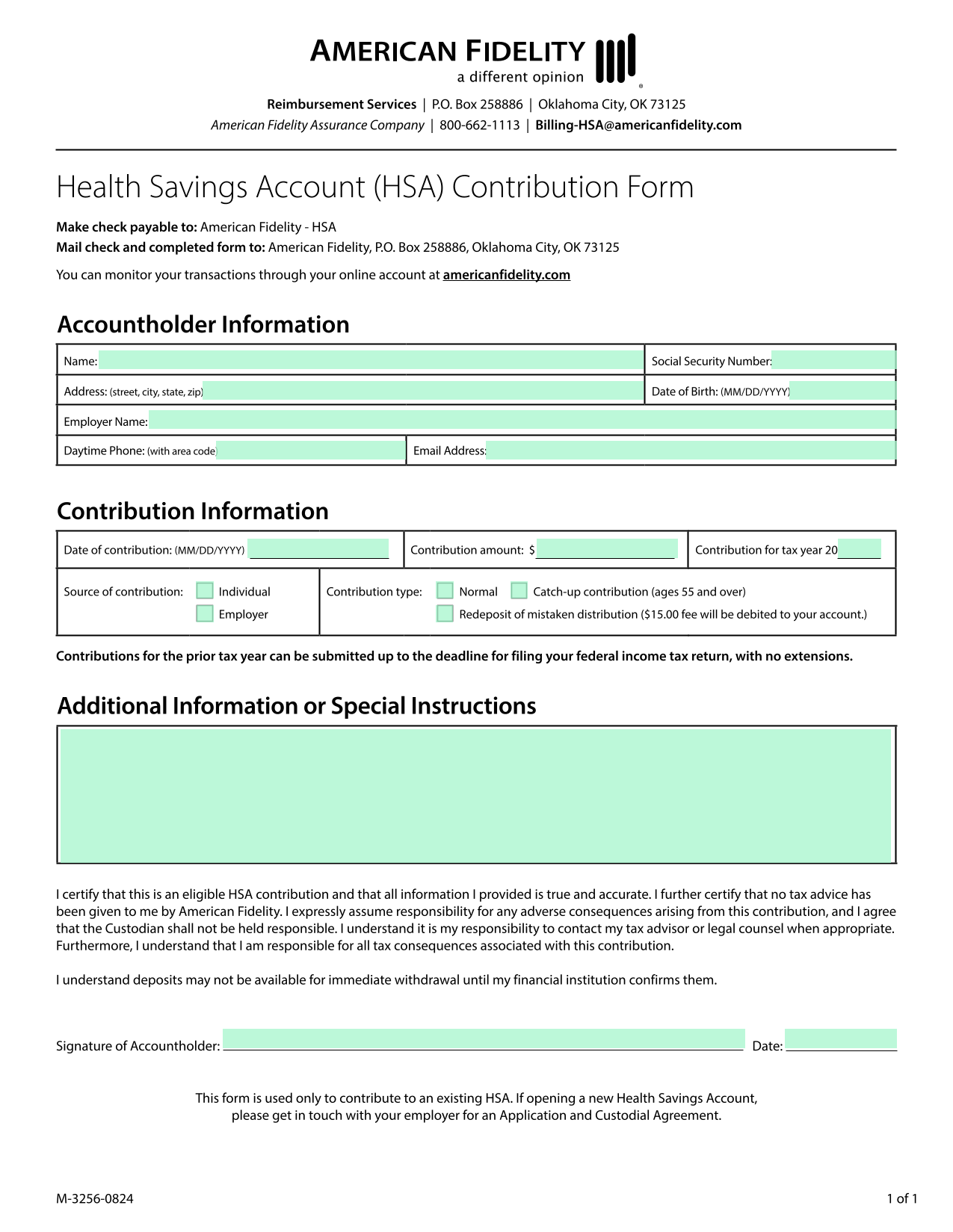 Health Savings Account (HSA) Contribution Form screenshot