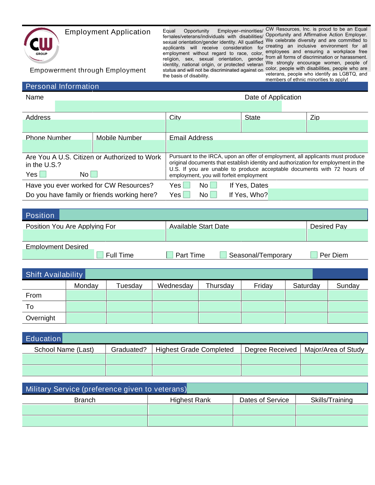 Employment Application screenshot