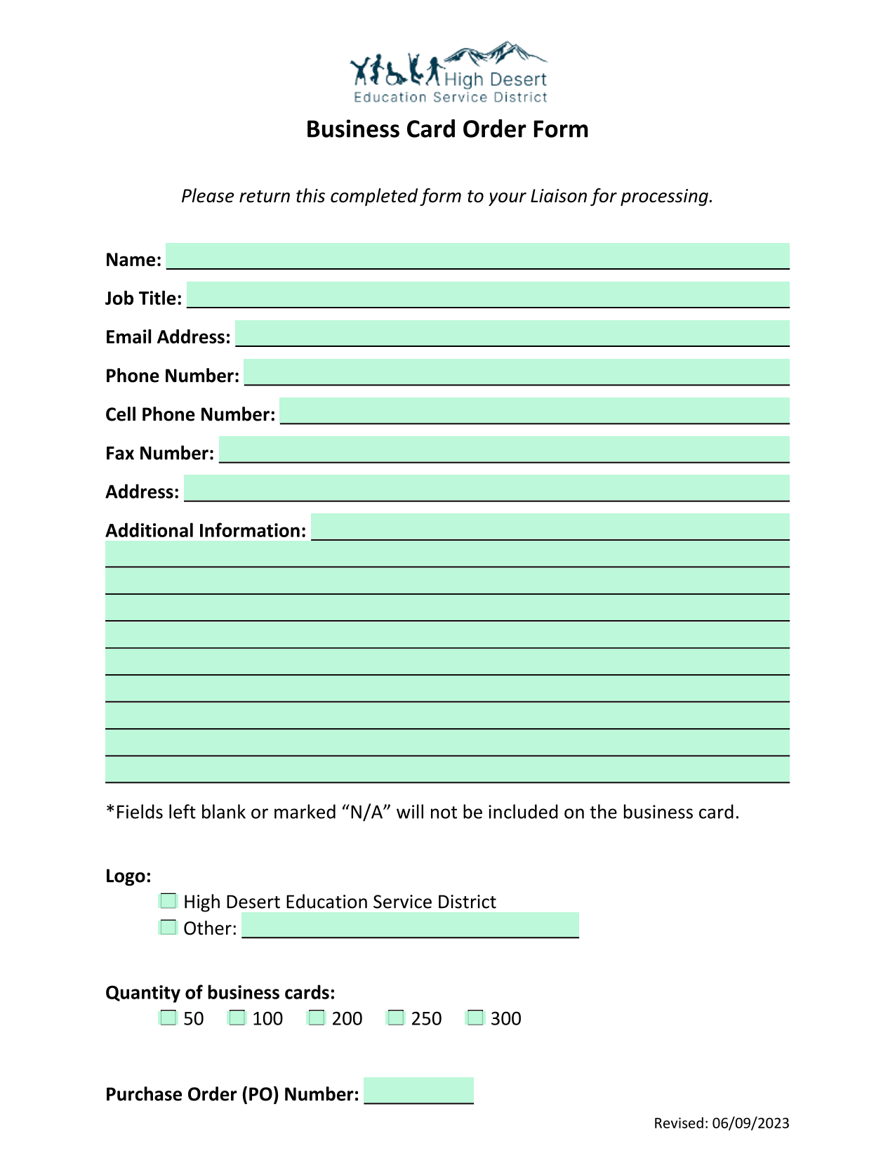 Business Card Order Form screenshot