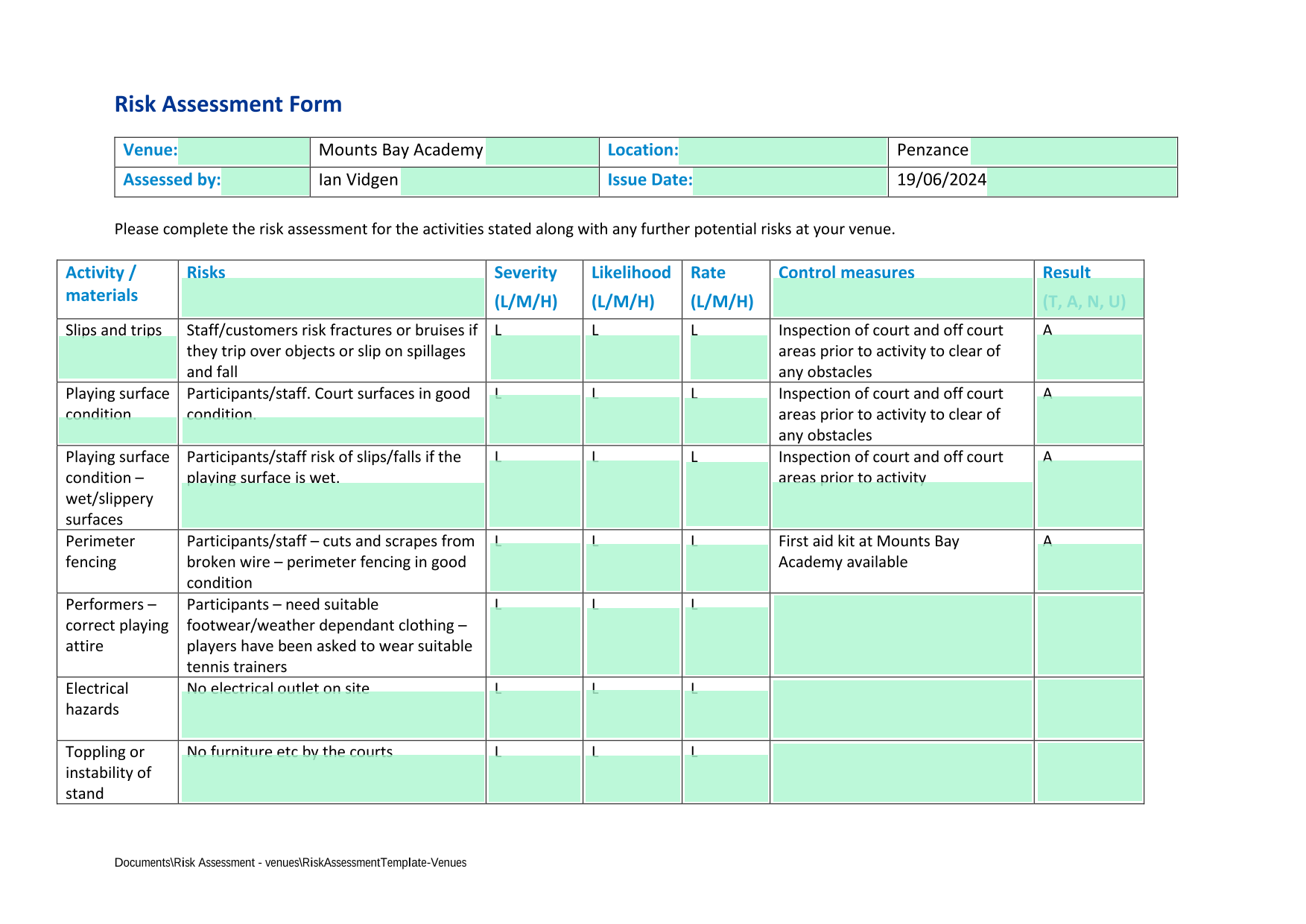 Risk Assessment Form screenshot