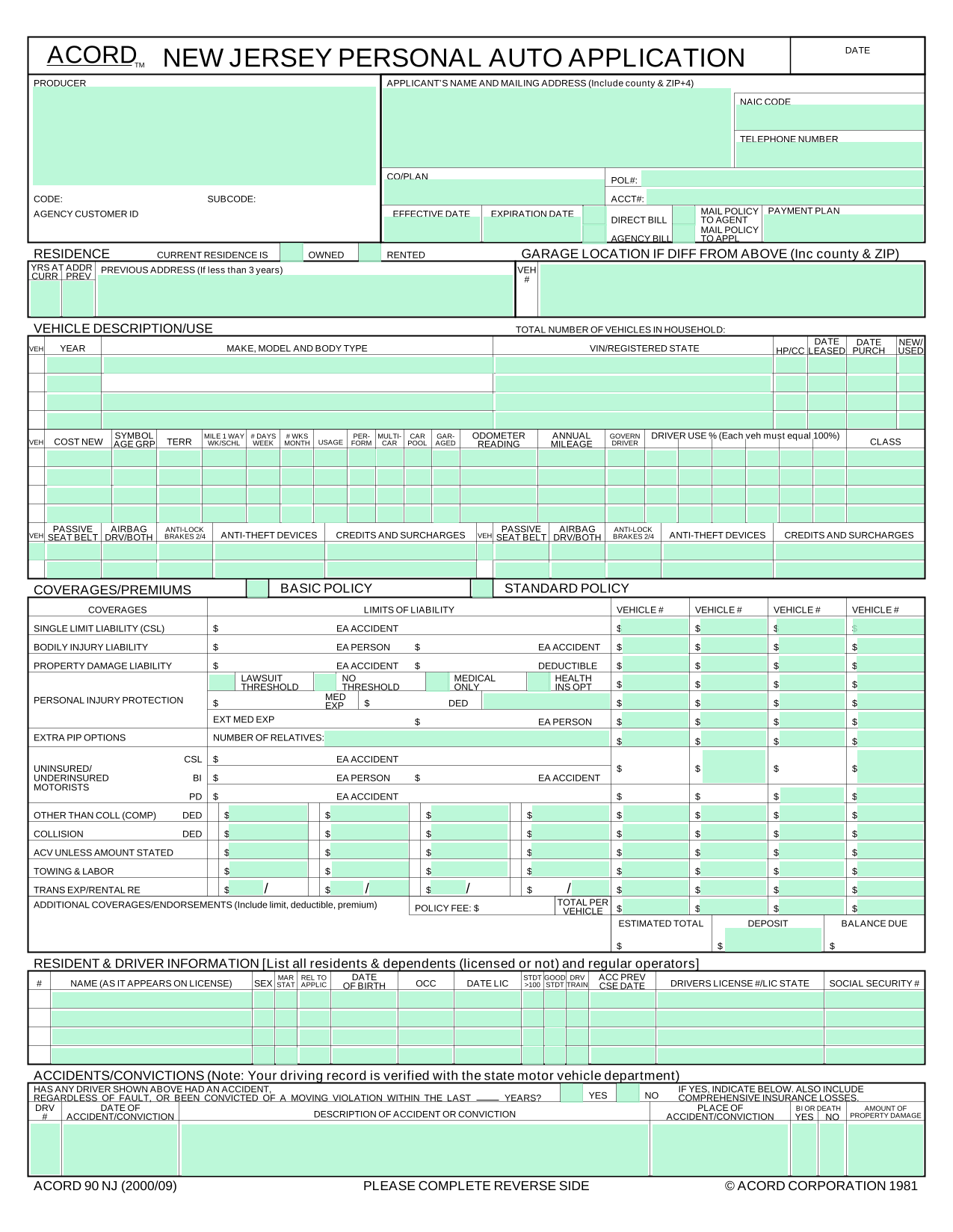Auto Insurance Application Form screenshot