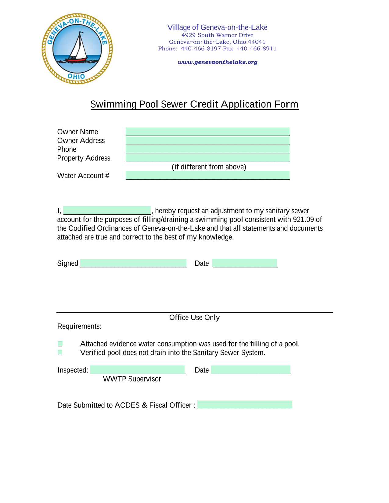 Swimming Pool Sewer Credit Application Form screenshot