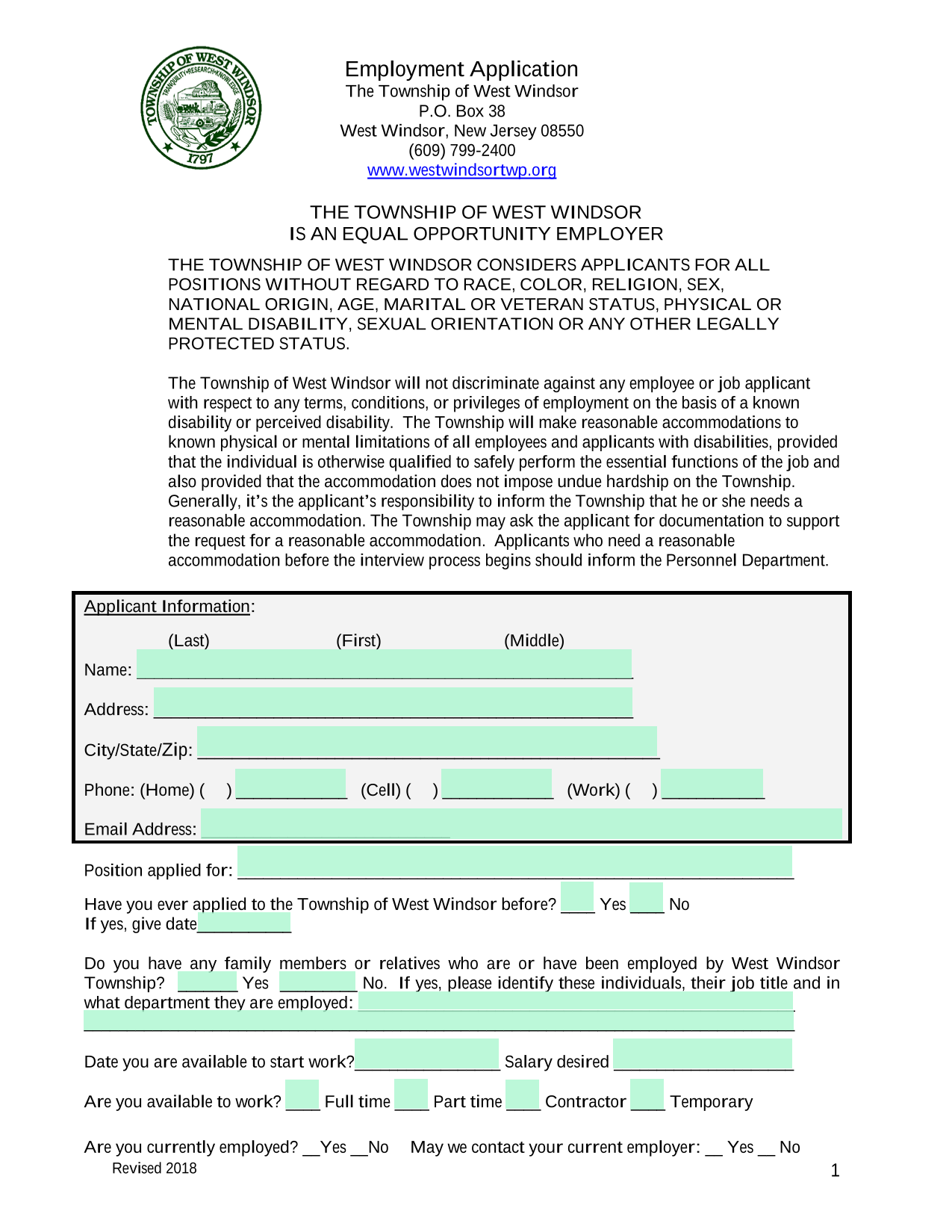 Employment Application screenshot