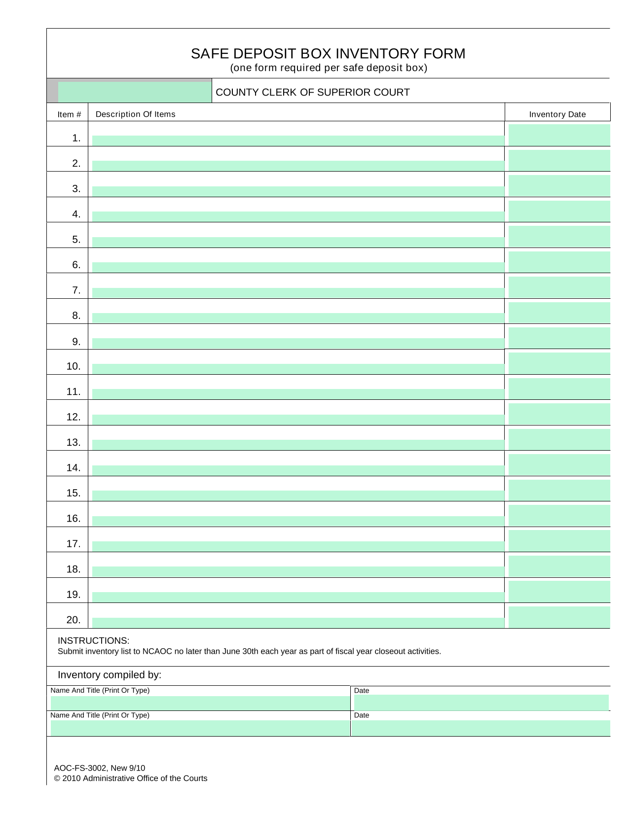 SAFE DEPOSIT BOX INVENTORY FORM screenshot