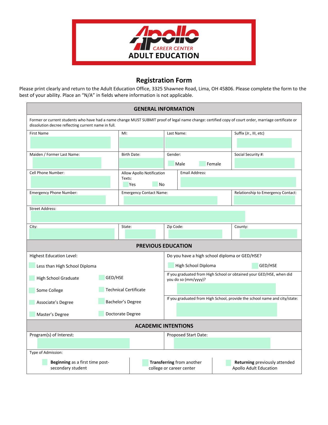 Registration Form screenshot