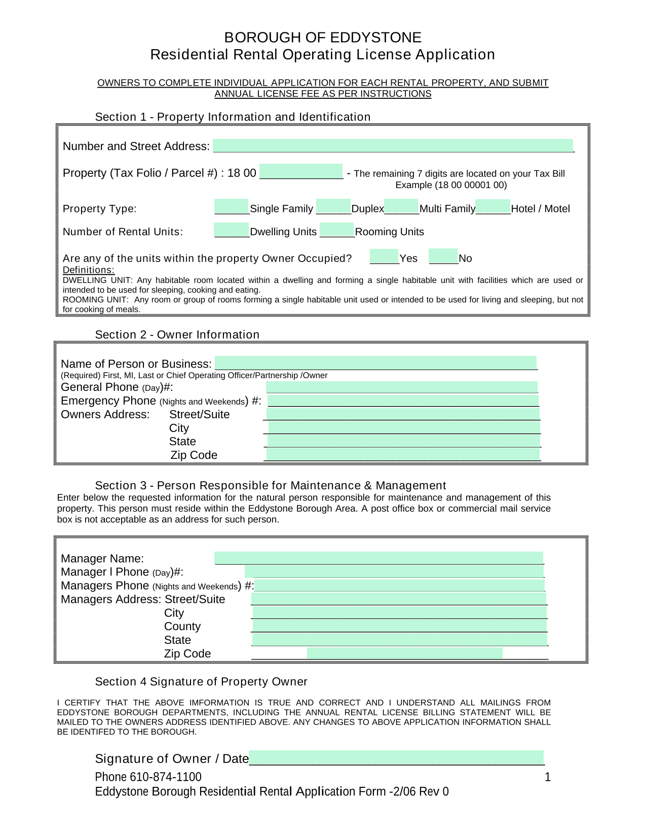 Residential Rental Operating License Application screenshot