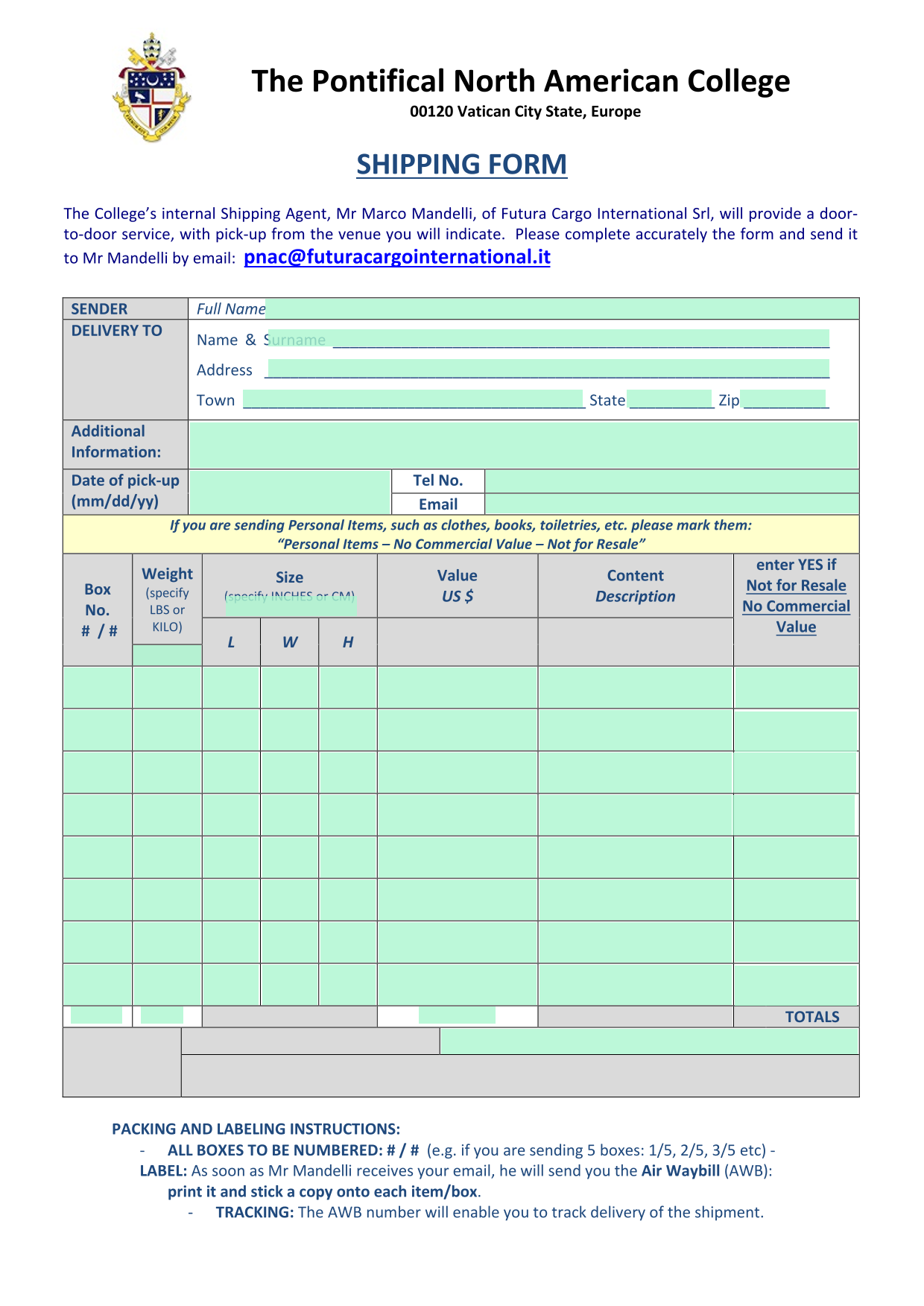 Shipping Form screenshot