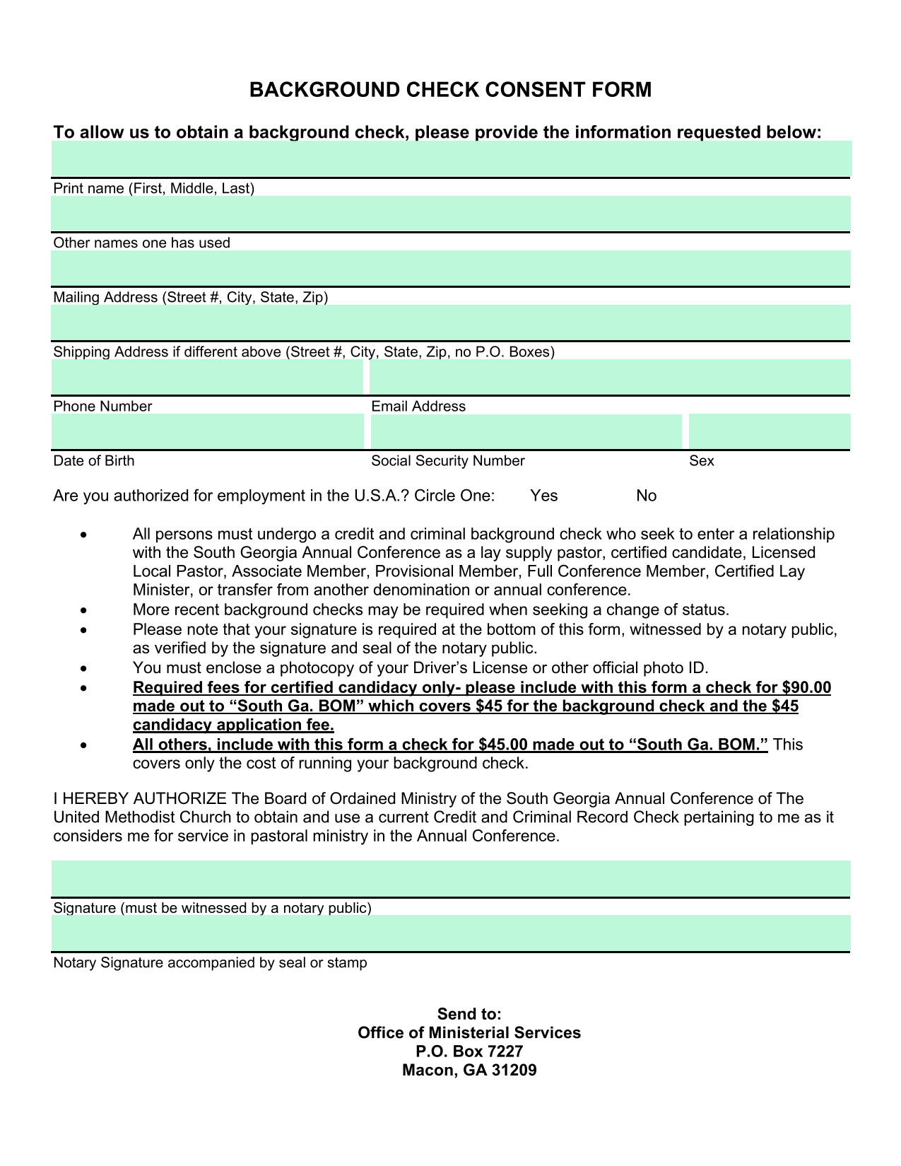 Background Check Consent Form screenshot