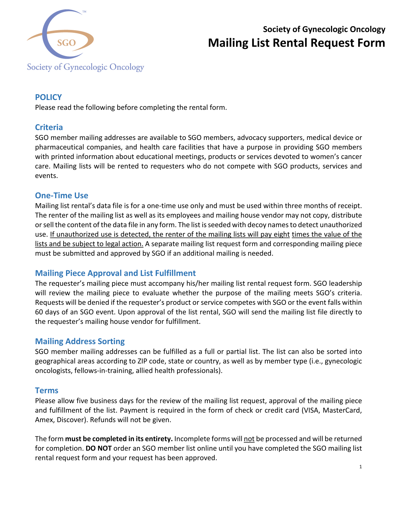 Society Of Gynecologic Oncology Mailing List Rental Request Form screenshot