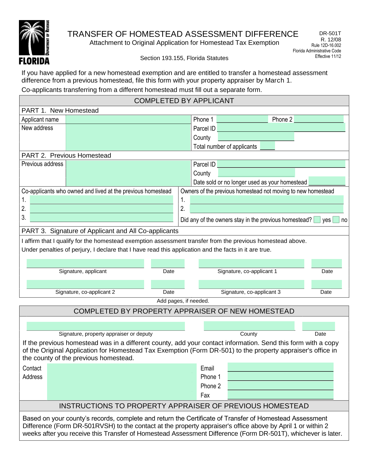 DR 501T Transfer Of Homestead Assessment Difference screenshot